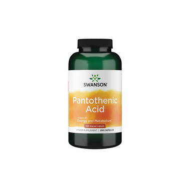 A bottle of Swanson Pantothenic Acid 500 mg contains 250 capsules, labeled